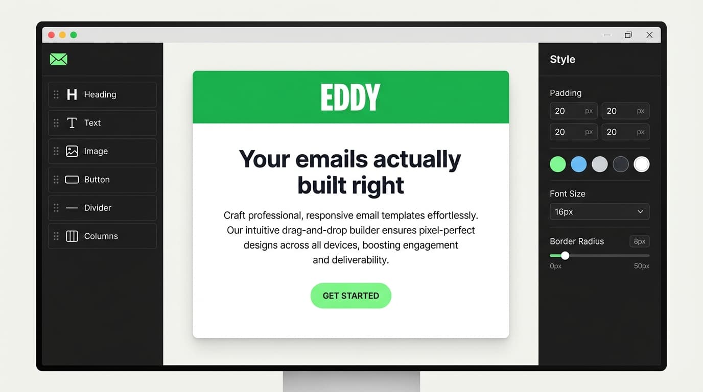 Email Design Studio interface showing a drag-and-drop email builder with component sidebar, email preview, and style panel